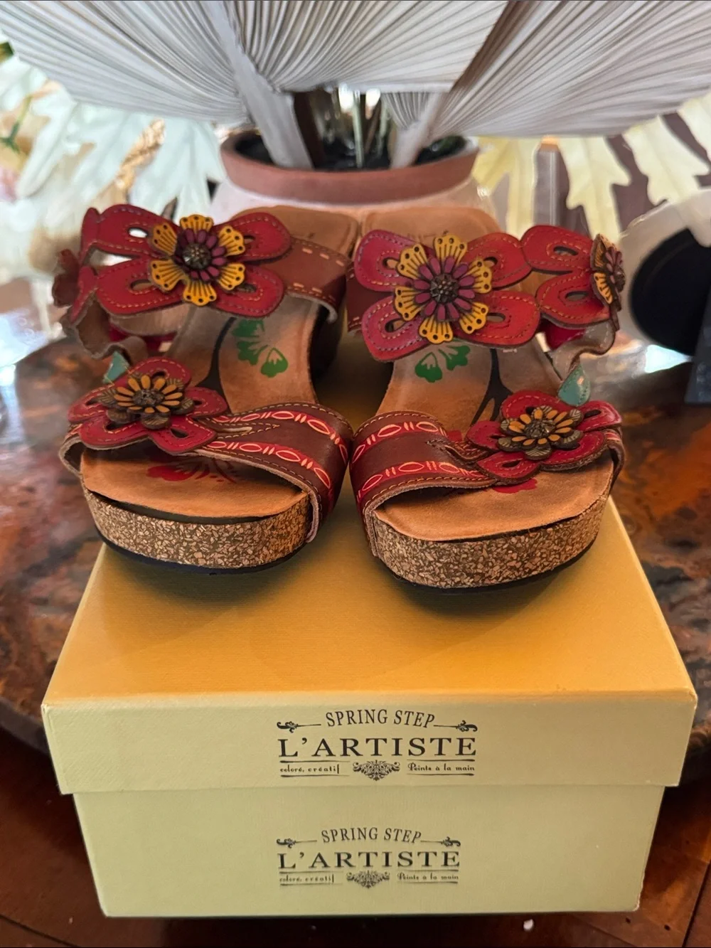 Spring Step L'Artiste Red Floral Cork Wedge Sandals